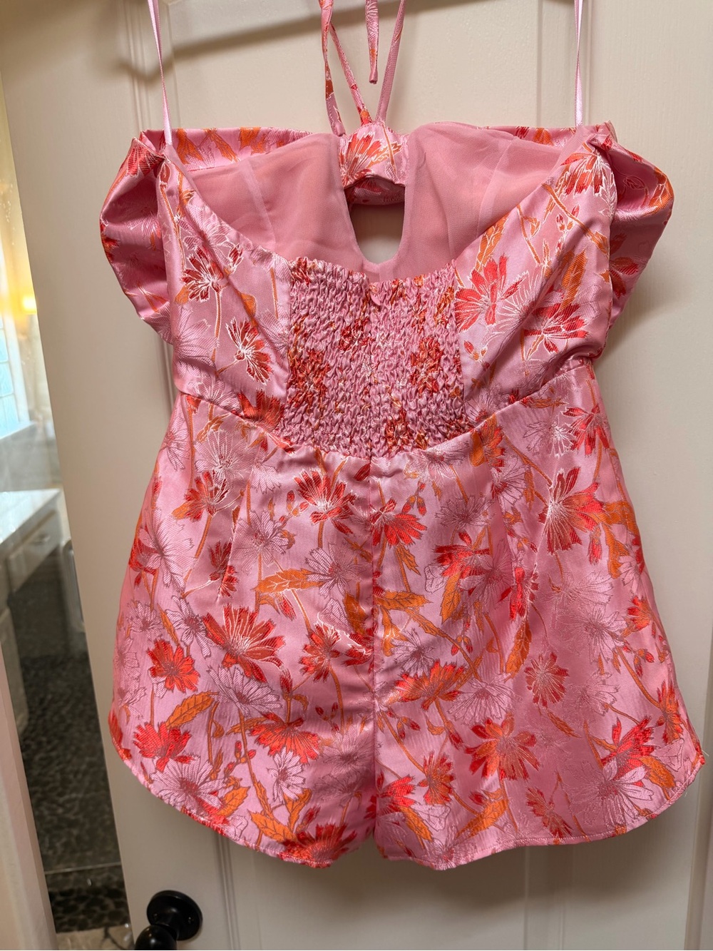 Buddy Love Pink Heart-Print Satin Romper with Coral Floral Accents
